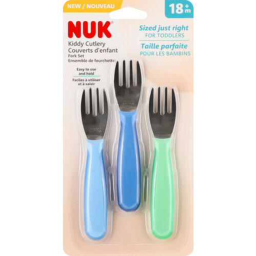 New. Sized just right. For toddlers. Includes 3 forks: Ideal size and shape for toddlers - easy to use and hold. Handle designed to keep tip off table and away from germs. Easy to use and hold. Dishwasher safe. nuk.com. nuk-canada.ca. how2recycle.info. BPA free. Made in China.