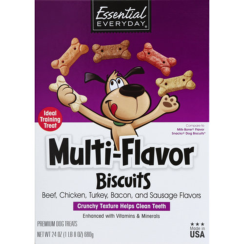 Beef, chicken, turkey, bacon, and sausage flavors. Ideal training treat. Premium dog treats. Crunchy texture helps clean teeth. Enhanced with vitamins & minerals. Compare to Milk-Bone Original Dog Biscuits (Milk-Bone Original Dog Biscuits is a registered trademark of Big Heart Pet Brands. Essential Everyday Dog Biscuits are not manufactured or distributed by Big Heart Pet Brands). Great products at a price you'll love - that's Essential Everyday. Our goal is to provide the products your family wants, at a substantial savings versus comparable brands. We're so confident that you'll love Essential Everyday, we stand behind our products with a 100% satisfaction guarantee. 100% quality guaranteed. Like it or let us make it right. That's our promise. essentialeveryday.com. Calorie content (calculated): 3, 176 kcal/kg (ME); 35 kcal/treat (ME). Made in USA.
