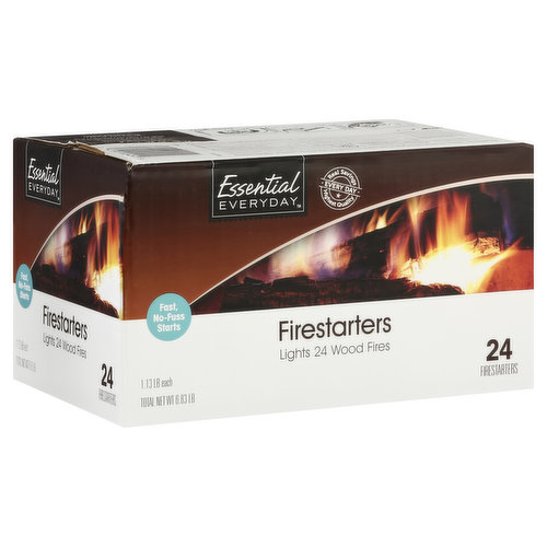 Lights 24 wood fires. Real savings. Highest quality. Every day. Fast, no-fuss starts. Great products at a price you'll love - that's Essential Everyday. Our goal is to provide the products your family wants, at a substantial savings versus comparable brands. We're so confident that you'll love Essential Everyday, we stand behind our products with a 100% satisfaction guarantee. For United States, this firestarter has been tested by Underwriters Laboratories Inc. for use in factory-built fireplaces. For Canada, this firestarter has been designed for brick or heavy gauge metal lined masonry fireplaces, UL or cUL or ULC listed fireplaces, space heaters, and fireplace inserts having minimum burning areas of 400 sq in (0.258 sq m). Use in smaller appliances may be hazardous. Classified UL listed. Processed solid fuel for use in factory-built fireplaces 7L47. If you're not completely satisfied with this product, please contact us at www.essentialeveryday.com or 1-877-932-7948. Assembled in USA of US and foreign components. Made in USA.