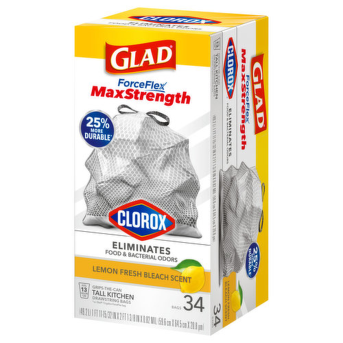 Glad Drawstring Bags, Small, Lemon Fresh Bleach Scent,4 Gallon - 34 bags