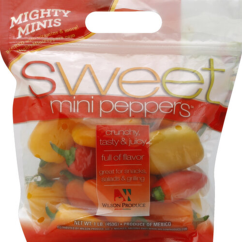 Mighty minis. Packed with vitamins & more! MightyMiniPeppers.com. Crunchy, tasty & juicy. Full of flavor. Great for snacks, salads & grilling. www.wilsonproduce.com. Mighty mini facts: Low-calorie snack. High in vitamin C. High in fiber. Full of flavor. Produce of Mexico.