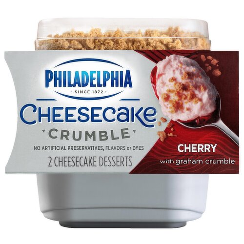 PHILADELPHIA Cheesecake Crumble Cherry Cheesecake Dessert is a personal serving of creamy PHILADELPHIA Cheesecake base with graham crumbles and Cherry sauce. Each dessert is made with no artificial preservatives, flavors, or dyes. Just open the convenient Philadelphia Cheesecake Crumble cups, pour the graham crumbles on top, mix and dig into a delicious indulgent dessert. It's the perfect easy dessert for one that can be enjoyed anytime, anywhere. Each package comes with two cherry dessert cups that are just too good to be shared.
