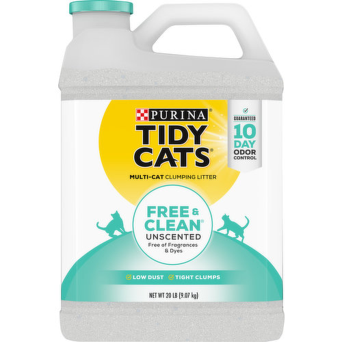 Guaranteed tidy lock protection. Locks away odors. Brand cat litter. For multiple cats. Free of fragrances. Free of dyes. Activated charcoal. With odor-absorbing charcoal. Tight clumps for easy scoop. Unscented odor control powered by activated charcoal. Tidy Cats knows powerful odor control is at the top of your list of litter must-haves - but sometimes added fragrances and dyes just aren't what you want. Free & Clean offers you the odor-absorbing power of activated charcoal plus TidyLock Protection to lock away odors - giving you the clean you need free of the stuff you don't. Strong clumps, easy clean up. Unscented with odor-absorbing activated charcoal. TidyLock Protection lockn away odors. 99.9% dust free. Tidy Cats has you covered. We know it's our job to follow every road that leads to freshness. That's why we never stop searching for a better litter box experience. For over 50 years, we've fought odor, cut down on dust and helped simplify litter box maintenance. And in doing so, a complete line of litter care products was born. So there's always a clever solution that's right for you and the other noses in your home. www.tidycats.com. Purina.com Twitter. Facebook. Questions? Visit us at www.tidycats.com. We're listening. Visit us online at Purina.com or call 1-800-835-6369. Please recycle. Made in USA. Printed in USA. Crafted in USA facilities.