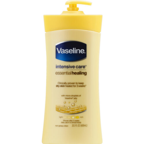 Intensive care. Clinically proven to keep dry skin healed for 3 weeks (Proven after 4 weeks daily use in a clinical study). We believe healthy skin starts with deep healing moisture. It all started with a wonder jelly that we've been perfecting for 140 years. Today we have micro-droplets of Vaseline jelly in our Essential Healing Lotion which absorbs deeply into your dry skin and moisturizes to heal it from within. Essential Healing: Deeply moisturizes to heal dry skin; Keeps skin healed for three weeks (Proven after 4 weeks daily use in a clinical study); Leaves skin stronger and noticeably healthier; Absorbs fast for a non-greasy feel. That's the healing power of Vaseline. Questions & comments? Call 1-800-457-7084. Please recycle.
