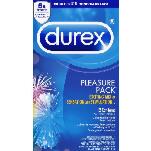 Durex Condoms, Latex, Lubricated, Ultra Fine, Pleasure Pack