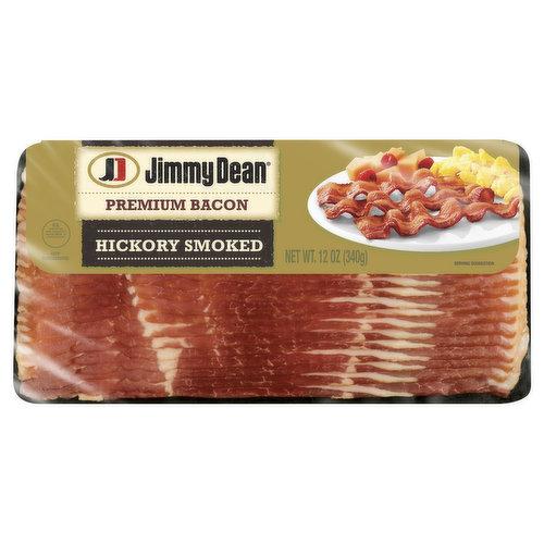 Start your morning off right with the delicious taste of Jimmy Dean Hickory Smoked Bacon. Thicker cut for bold but balanced flavor, our bacon has 8 grams of protein per serving to help give more power to your morning. Simply cook and serve with scrambled eggs and toast for a traditional breakfast. Each package includes 12 oz. of Hickory Smoked Bacon. Jimmy Dean once said, "Sausage is a great deal like life. You get out of it what you put in." Which pretty much sums up his magic formula for having a great day. Today, Jimmy Dean Brand brings you many ways to add some sunshine to your morning. Because today's your day to shine on™.