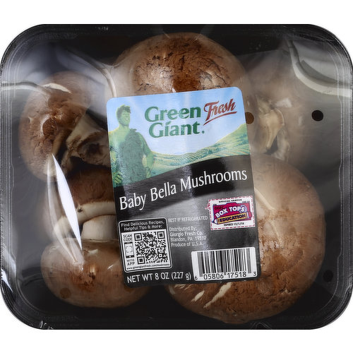 Find delicious recipes, helpful tips & more: scan code with app. www.greengiantfresh.com/mushrooms. Box Tops for Education. Produce of USA.