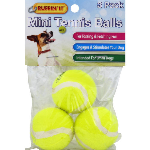 For tossing & fetching fun. Engages & stimulates your dog. Intended for small dogs. Ruffin' It Tennis Balls are perfect for tossing and fetching fun! Great for encouraging exercise in your pet! Made in China.