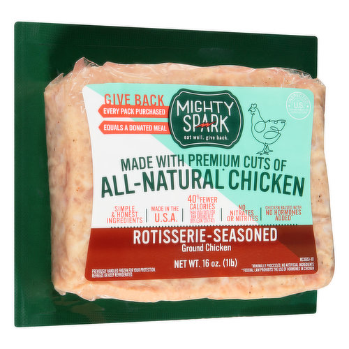 40% fewer calories than USDA data for raw beef patties (80% lean/20% fat). 190 calories per serving for chicken compared to 284 calories per serving for beef (80% lean/20% fat). Eat well. Give back. Made with premium cuts of all-natural (Minimally processed, no artificial ingredients) chicken. Simple & honest ingredients. No nitrates or nitrites. Chicken raised with no hormones added (Federal law prohibits the use of hormones in chicken). Inspected for wholesomeness by U.S. Department of Agriculture. mightysparkfood.com. Give back. Every pack purchased. Equals a donated meal. Millions of meals donated. mightysparkfood.com. learn how every pack you purchase equals a donated meal. Made in the U.S.A.