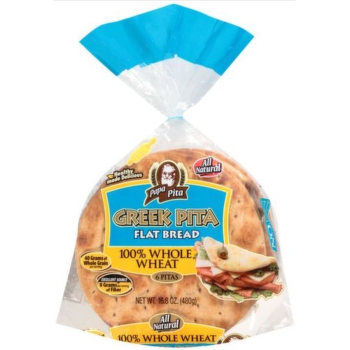 40 grams of whole grain per serving. Made with non GMO ingredients. Excellent Source: 8 grams per serving of fiber. Healthy made delicious. All natural. To eat is to live well. No: trans fat; cholesterol; high fructose corn syrup. American Heart Association Certified: Meets criteria for heart-healthy food. Discover the pleasures of the Greek pita! Delicious homemade pizza creations, warm and soft tacos, fresh and healthy salads to-go! Make it family fun time - for breakfast fill them with scrambled eggs & salsa, hot lunches with ham & Swiss melts or make your own secret recipe pita sub. Delicious dinner kabobs from the grill, super hamburgers and hot dog favorites! Half the fun of the Greek pita is giving them a spin of your own. Greek pitas are flexible and taste best when heated before serving. Healthy made delicious! From our family to yours. Enjoy some today! Visit us at www.papapita.com for even more delicious recipe ideas. Fresh & delicious or your money back! This package is environmentally responsible.