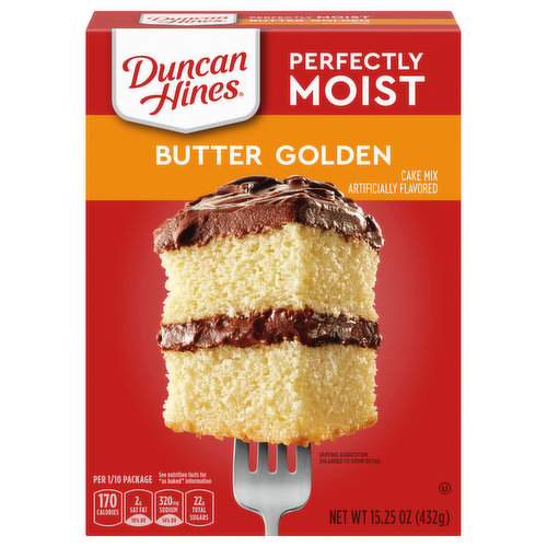 Artificially flavored. Per 1/10 Package: 170 calories; 2 g sat fat (10% DV); 320 mg sodium (14% DV); 22 g total sugar. See nutrition facts for as baked information. Perfectly moist swaps. Bake baby's 1st smash cake! www.duncanhines.com. how2recyle.info. SmartLabel: Scan or call 1-800-362-9834 for more food information. Questions or comments, visit us at www.duncanhines.com or call mon-fri., 1-800-362-9834 (except national holidays). Please have entire package available when you call so we may gather information off the label. For more delicious inspiration, go to duncanhines.com.