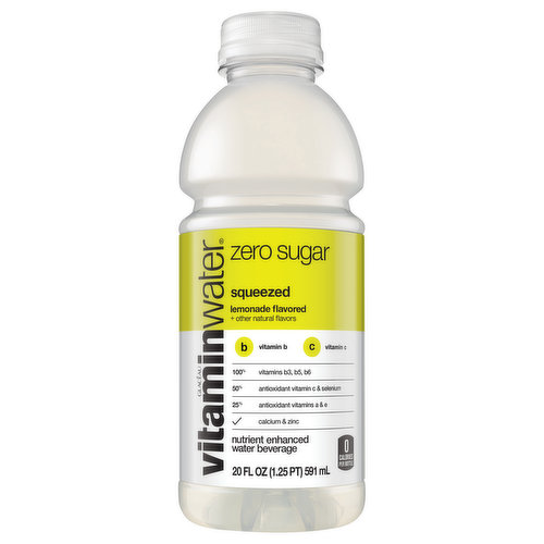 good news forgood people that like good stuff. vitaminwaterzero sugar squeezed is thesame lemonadeflavored water beverage youve always turned to for vitamins and zero sugar deliciousness.well, guess what, we just added more stuff.
whats that mean for you? it means vitamins. and electrolytes. and more nutrients. which are all good things. with 0 calories per 20 oz bottle.
it also means this vitaminwaterzero sugar squeezed has a good source of 7 vitamins and 2 minerals, including: vitamin a, vitamins b3, b5 and b6, vitamin c, vitamin e, antioxidant selenium, biotin and zinc.
and that's bad news for the people who like bad stuff.
so, make sure to pick up a pack if youre a do-gooder or a good stuff appreciator.