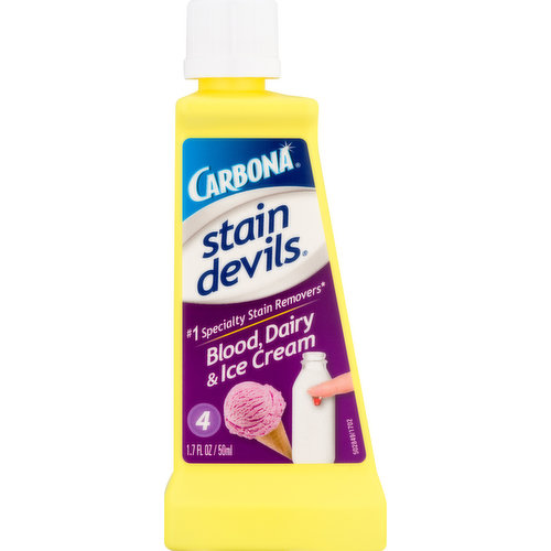 No. 1 Specialty stain removers (Based on unit sales). From grease stains to ink stains, Carbona Stain Devils are specifically-formulated to remove any laundry stain from washable and dry clean only fabrics. For the messiest of life's moments, claim your stain-victory with Carbona. Life unstained. Stain Devils Stain Chart: No. 1: Nail Polish, Glue & Gum: Adhesives, candle wax, correction fluid. No. 2: Chocolate, Ketchup & Mustard: Pizza, sauces, salsa, spices. No. 3: Ink, Marker & Crayon: Pen, pencil, highlighter, dry erase marker, chalk. No. 4: Blood, Dairy & Ice Cream: Baby formula, eggs. No. 5: Fat & Cooking Oil: Butter, margarine, cooking grease, lard, mayonnaise, pesto. No. 6: Grass, Dirt & Makeup: Mascara, lipstick, foundation, toothpaste, pollen. No. 7: Motor Moil, Tar & Lubricants: Machine oil and grease, lotion, tree sap, shoe polish, fuel, ash and soot, floor wax. No. 8: Coffee Tea, Wine & Juice: Cola, baby food, fruits & vegetables, jelly, jam, syrup, mold & mildew, urine, perfumes, nicotine. No. 9: Rust & Perspiration: Deodorant. Join the Conversation: Facebook. Twitter. Pinterest. Instagram. YouTube/CarbonaUSA. There are nine different Stain Devils - each contains a unique formula that has been engineered to remove the most difficult stains. This also one of reasons why Stain Devils are the No. 1 specialty stain removers. Made in Germany by: delta pronatura, Egelsbach.
