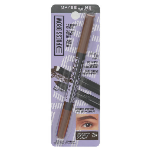 Maybelline Express Brow Pencil + Powder, 2-in-1, Medium Brown 257