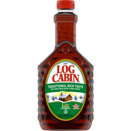 50 calories per 2 tbsp. Calories/serving: Lite: 50. Regular: 110. Reduced calorie syrup. 45% fewer calories than our original syrup. A family tradition since 1887. Traditional rich taste. No high fructose corn syrup. logcabinsyrups.com. how2recycle.info. SmartLabel: Scan or call 1-888-349-1998 for more food information. Questions or comments? 1-888-349-1998.