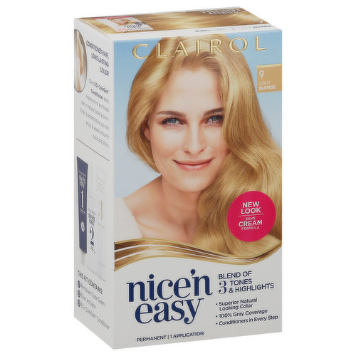 New look. Same cream formula. Blend of 3 Tones & Highlights: Superior natural looking color; 100% gray coverage; Conditioners in every step. Same great shade and cream formula. 100% natural looking color (Based on study of over 1000 unique hair colors from around the world). Superior natural looking color. Blend of 3 Tones and Highlights: Hair color so natural-looking, it's 100% you. Each shade combines a custom blend of 3 tones that work together with your natural highlights and lowlights for dimensional color with 100% gray coverage. Gentle on Hair and Scalp (Based on allergy gentle ME+ molecule. See additional warning on side panel. If you have a known hair dye allergy, do not use unless approved by your dermatologist): Nice'n Easy has conditioners in every step. The result? Color that leaves your hair soft and shiny and is kind to your scalp (Based on allergy gentle ME+ molecule. See additional warning on side panel. If you have a known hair dye allergy, do not use unless approved by your dermatologist). Find your color result. Your natural color. Light blonde. Medium blonde. Dark blonde. Color result with 9. Front of pack result. On gray hair, color appears lighter than non-gray for a highlighted effect. Conditioned hair, long lasting color. Clairol CC+ ColorSeal Conditioner adds intense shine and helps seal in natural looking color. Color is protected so you can enjoy 8 weeks of sunlit color and shine.