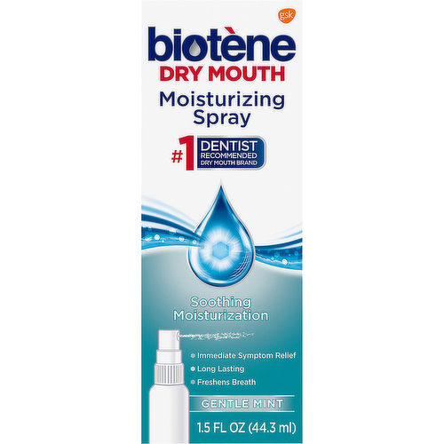 No 1 dentist recommended dry mouth brand. Soothing moisturization. Immediate symptom relief. Long lasting. Freshens breath. Biotene mouth spray contains a mouth moisturizing formula to help maintain the oral environment and help relieve dry mouth symptoms. Questions or comments? 1-800-922-5856.