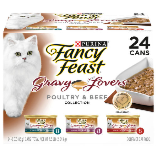 Cans Gravy Lovers Turkey Feast In Roasted Turkey Flavor Gravy (me, Calculated) 790 Kcal/kg 67 Kcal/can. Fancy Feast Gravy Lover’s Turkey Feast in Roasted Turkey Flavor Gravy and Fancy Feast Gravy Lovers Chicken Feast in Grilled Chicken Flavor Gravy Are Formulated to Meet the Nutritional Levels Established by the AAFCO Cat Food Nutrient Profiles for Maintenance of Adult Cats, Fancy Feast Gravy Lovers Beef Feast in Roasted Beef Flavor Gravy is Formulated to Meet the Nutritional Levels Established by the AAFCO Cat Food Nutrient Profiles for Growth of Kittens and Maintenance of Adult Cats.  Cans Gravy Lovers Chicken Feast In Grilled Chicken Flavor Gravy (ME, calculated) 793 kcal/kg 67 kcal/can. Fancy Feast Gravy Lover’s Turkey Feast in Roasted Turkey Flavor Gravy and Fancy Feast Gravy Lovers Chicken Feast in Grilled Chicken Flavor Gravy Are Formulated to Meet the Nutritional Levels Established by the AAFCO Cat Food Nutrient Profiles for Maintenance of Adult Cats, Fancy Feast Gravy Lovers Beef Feast in Roasted Beef Flavor Gravy is Formulated to Meet the Nutritional Levels Established by the AAFCO Cat Food Nutrient Profiles for Growth of Kittens and Maintenance of Adult Cats.  Cans Gravy Lovers Beef Feast In Roasted Beef Flavor Gravy (ME, calculated) 779 kcal/kg 66 kcal/can. Fancy Feast Gravy Lover’s Turkey Feast in Roasted Turkey Flavor Gravy and Fancy Feast Gravy Lovers Chicken Feast in Grilled Chicken Flavor Gravy Are Formulated to Meet the Nutritional Levels Established by the AAFCO Cat Food Nutrient Profiles for Maintenance of Adult Cats, Fancy Feast Gravy Lovers Beef Feast in Roasted Beef Flavor Gravy is Formulated to Meet the Nutritional Levels Established by the AAFCO Cat Food Nutrient Profiles for Growth of Kittens and Maintenance of Adult Cats.  8 Cans Gravy Lovers Turkey Feast In Roasted Turkey Flavor Gravy 8 Cans Gravy Lovers Chicken Feast In Grilled Chicken Flavor Gravy. 8 Cans Gravy Lovers Beef Feast In Roasted Beef Flavor Gravy Purina your pet, our passion. 100% complete & balanced nutrition. The Purina Promise: Pets are our passion. Safety is our promise. Progress is our pledge. Follow us at Purina.com. Purina.com. how2recycle.info. Twitter. Facebook. We're listening. Visit us online at Purina.com or call 1-800-933-0991. Every ingredient has a purpose. FancyFeats.com/Ingredients. Crafted in USA facilities. Printed in USA.