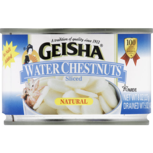 Drained Wt: 5 oz (142 g). Natural. A tradition of quality since 1912. 100 years of quality in America. Serving Size: 130 g with liquid. www.geishabrand.com. Product of China.
