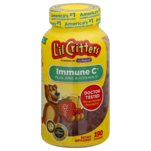 Dietary Supplement. No artificial flavors or sweeteners. No gluten or dairy. What's in Our Gummies: Vitamin C - Immune support. Zinc - Cellular support. 2 gummies provide as much vitamin as 5 tangerines. America's no. 1 gummy vitamin brand. Powered by Vitafusion. Doctor tested prevent nutrition absorption (For vitamins C & D3). Kids love 'em. Parents trust them. Growing communities with fruitful planting. The No-Nos: no synthetic (FD&C) dyes; no high fructose corn syrup. www.lilcritters.com. how2recycle.info. Questions, comments? Call 1-888-334-5389 M-F 9am-5pm ET; www.llilcritters.com. Join our mission lilcritters.com. Our L'il Critters team believes in holistic wellness and realizes that it's more than just taking good vitamins. That's why we teamed up with the Fruit Tree Planting Foundation with the goad to plant 200000 fruit trees by 2020 in undersized communities. Together we are committed to producing nutrient-rich fresh fruit, sustainable lifestyles and happy, healthy communities now and for generations to come. 2019 Chefs Best Award Excellence. American Culinary Chef's Best. chefbest.com. The Chefbest Excellence Award is awarded to brands that surpass quality standards established by independent professional chefs. Award-winning taste! Flavors: Cherry; lemon; orange; strawberry. Green-e: Ceritified renewable energy. Manufactured with 100% certified renewable energy. (These statements have not been evaluated by the Food and Drug Administration. This product is not intended to diagnose, treat, cure or prevent any disease). Made in the USA with US international ingredients.