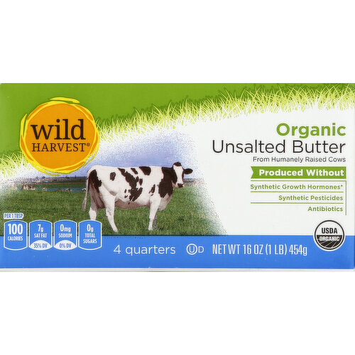4 quarters. From humanely raised cows. Produced without: synthetic hormones (No significant difference has been shown in milk derived from cows treated with the artificial growth hormone rBST and non rbST treated cows); synthetic pesticides; antibiotics. USDA Organic. Per 1 Tbsp: 100 calories; 7 g sat fat (35% DV); 0 mg sodium (0% DV); 0 g sugars. USDA Organic. First quality. Officially Graded: US grade AA when graded. Packed under inspection of the US Dept. of Agriculture. Certified Organic: Quality Assurance International. Certified organic by Quality Assurance International, Inc. To learn more about Wild Harvest products, including our full line of organic products, and for more recipes, please visit. www.mywildharvest.com. 100% quality guaranteed. Like it or let use make it right. That’s our quality promise. mywildharvest.com. Please recycle. Product of USA.