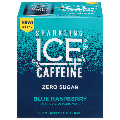 Sparkling Ice +Caffeine Sparkling Water, Zero Sugar, Blue Raspberry Flavored, 4 Pack