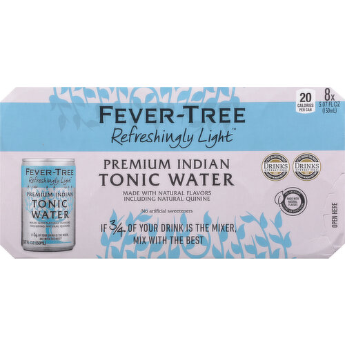 Fever Tree Tonic Water, Premium Indian, Refreshingly Light, - 8 pack, 5.07 fl oz cans