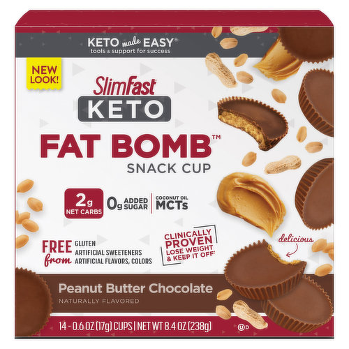 Some delicious combinations you never outgrow.  Chocolate and peanut butter join forces for SlimFast Keto Fat Bomb Peanut Butter Chocolate Snack Cups. Crafted for optimal low carb ketogenic nutrition with 2g of net carbs and zero added sugar†, these irresistible Fat Bombs are made with high-quality, satisfying fats, like MCT oils. Supporting your goals no matter how busy life gets, it’s the Keto snack that’s big on flavor and short on compromise. Part of the clinically proven SlimFast Plan, these snacks make Keto as easy as 1-2-3. Enjoy one sensible Keto meal, two SlimFast Keto meal replacements, and three Keto snacks. The SlimFast Plan is clinically proven to help you lose weight fast and keep it off! †Not a low-calorie food.