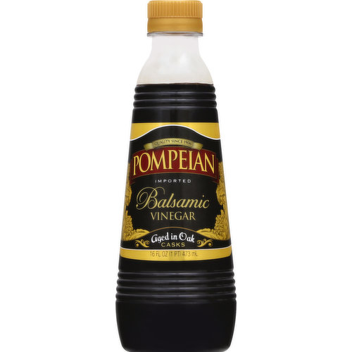 Naturally gluten free. Imported. Quality since 1906. Aged in oak casks. Pompeian Imported Balsamic Vinegar continues a quality tradition by using only the finest grapes available. Our vinegar adds a distinctive flavor and aroma to all your salads, meats, seafood, and sauces. It's the perfect companion to Pompeian's fine olive oils. Non-allergenic. For more information and recipes, visit www.pompeian.com. For questions or comments, call 1-800-Pompeian (1-800-766-7342). Please recycle. Packed in the US. Product of Spain and Italy.
