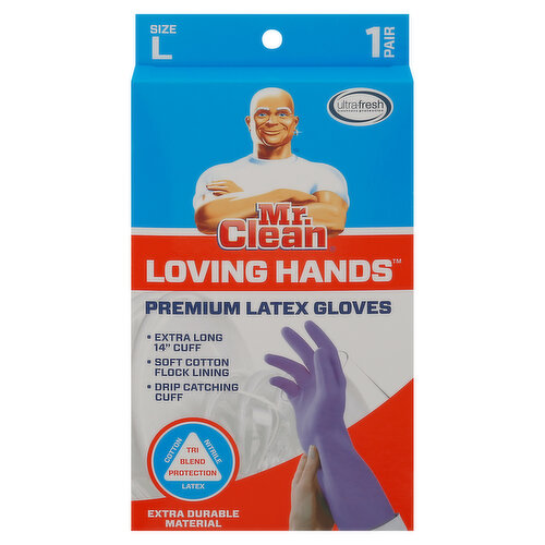 Mr. Clean Loving Hands Gloves, Latex, Premium, Large