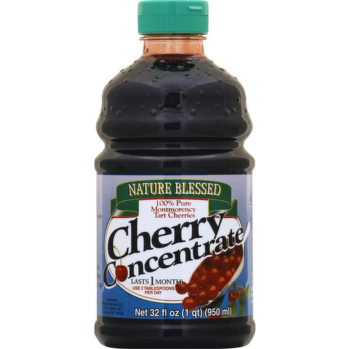 100% pure Montmorency tart cherries. Lasts 1 month! Use 2 tablespoons per day. 100% juice. Eat 5 a day for better health. Questions or comments call: 1-800-642-2723. Vitamin K = less than 5 mcg/100 g. Vitamin D = 9 IU/100 g (1% of the recommended daily allowance). Diet Exchange: 1 carbohydrate/sugar exchange. A product of USA.