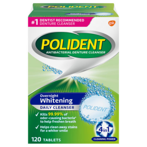No. 1 dentist recommended. Brand of denture cleanser. GSK. Kills 99.99% of odor-causing bacteria (Soaking only, in laboratory tests) to help freshen breath. Helps clean away stains for a whiter smile. 4 in 1 cleaning power. Suitable for daily cleansing of partials & dentures. Partials & Dentures Need Special Care: Polident 4 in 1 cleaning system is a gentle & non-abrasive formulation that kills odor-causing bacteria, helps remove stains and keeps your partial / denture clean & fresh. 4 in 1 Cleaning Powder: Cleaning agents. Odor-causing bacteria killers. Stain removers. Active oxygen booster. Reasons to use Polident cleanser every day. Without the right care, your partial or denture can act as a bacteria magnet attracting odor-causing bacteria, and also plaque and debris that if not removed can damage your natural teeth and gums. Polident daily cleanser is designed specially for partials & dentures. It kills 99.99% of odor-causing bacteria (Soaking only, in laboratory tests) and helps clean away plaque and debris that can damage natural teeth and gums. Use daily for a clean, fresh, healthy smile!
