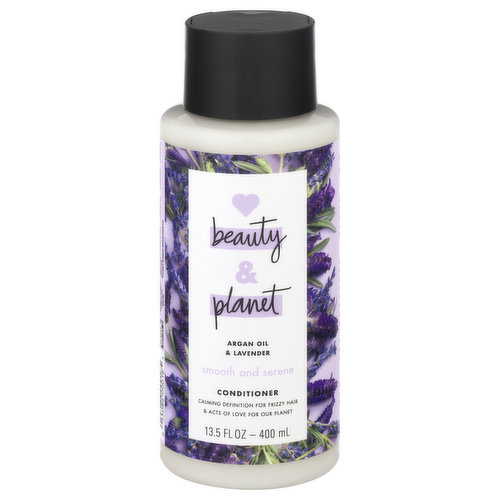 Yes: vegan. Smooth and serene. Calming definition for frizzy hair & acts of love for our planet. How can you make a little difference every day in your shower? There is a clue in our name Love Beauty and Planet. Beauty: Calm your frizz for hair that's oh so smooth. This conditioner, infused with golden Argan Oil, nourishes for healthy looking hair. Delicately surround your hair in a cloud of heirbloom french lavenerder. Planet: Our goal is a carbon footprint so small, it's like we weren't even here. We've started our journey by loading our products with goodness and packing it in recycled bottles. Our fast rinse conditioner technology saves you from tangles and can help you save water. Our delicate scents are infused with natural and ethically sourced oils and extracts. We are committed to acts of love that make you and our planet a little more beautiful, everyday. Yes: organic coconut oil; natural blue-green algae; ethically sourced eucalyptus; safe for colored hair; with plant based detanglers; fast rinse. No: silicones; parabens; no dyes; no guilt. lovebeautyandplanet.com. how2recycle.info. Bottle made from 100% recycled plastic. Yes: not tested on animals.