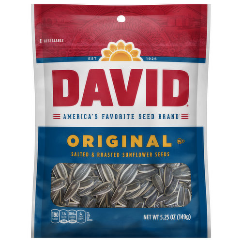 Est. 1926. America's favorite seed brand (David is America's No. 1 selling seed brand based on 2019 retail sales data from information resources Inc.). An American original. It all began in 1926 inside a small grocery store in Fresno, California, where David Sunflower Seeds were roasted and seasoned with quality ingredients. Almost 100 years later we still craft our quality seeds with care. Why? Because the best things in life are often the simplest - David. Delicious seeds expertly made. Our seeds are made with quality ingredients for an authentic homestyle flavor. Whole roasted seeds.