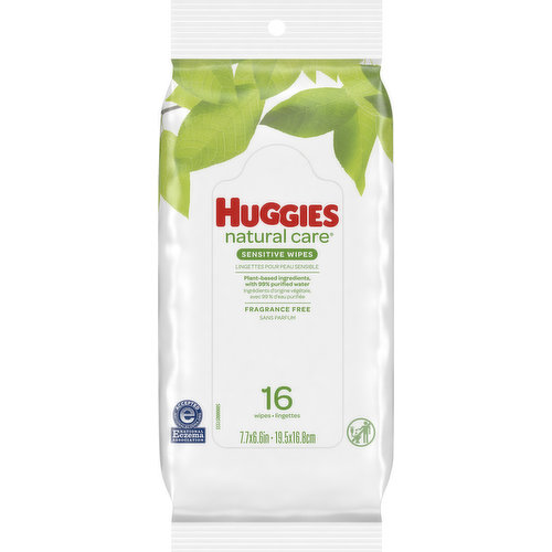 7.7 x 6.6 in. 19.5 x 16.8 cm. Dermatologist tested. Plant-based ingredients, with 99% purified water. Fragrance free. Hypoallergenic. Alcohol free. Paraben free. Dermatologically tested. huggies.com. For more information on how our ingredients care for your baby's skin, please visit huggies.com. 1-800-558-9177 Dept. HWNCSPS-16 P.O. Box 2020, Neenah, WI 54957-2020 USA. National Eczema Association: Accepted. nationaleczema.org. Dispose of properly. Made in USA from domestic and imported material.