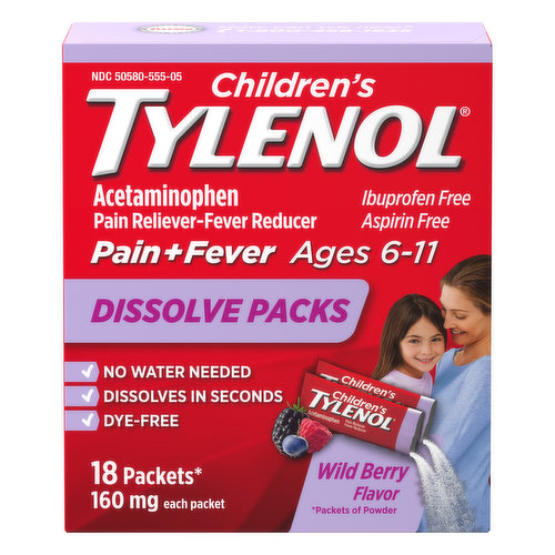 In Each Powder Other Information: Store between 20-25 degrees C (68-77 degrees F). Do not use if packet is torn or damaged. Ages 6-11. 160 mg each packet. Acetaminophen. Pain reliever-fever reducer. Ibuprofen free. Aspirin free. No water needed. Dissolves in seconds. Dye-free. 18 packets (Packets of powder). Question or Comments? call 1-800-458-1635 (toll-free) or 215-273-8755 (collect).