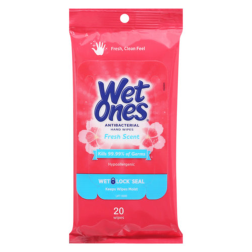 Fresh, clean feel. Kills 99.99% of germs.  Hypoallergenic. Wet lock seal. Keeps wipes moist. Pediatrician tested. Hypoallergenic. Paraben free. America's No. 1 hand wipe (based on Nielsen scan data for 52 weeks ending 1/5/19). Wet Ones Antibacterial Hand Wipes kill 99.99% of germs and wipe away dirt, providing a better clean than hand sanitizers. They are specially formulated to be tough on dirt and germs, yet gentle on skin, so you can confidently keep hands fresh and clean when soap and water are not available. Wet Ones travel packs are the perfect size for a fresh start anywhere.