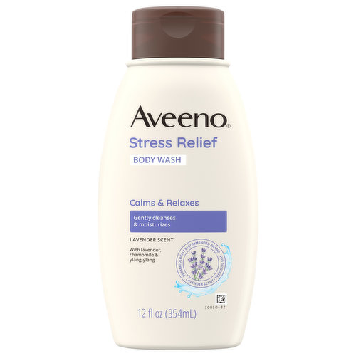 Relax while you cleanse your skin with Aveeno Stress Relief Body Wash with lavender, oat, ylang-ylang, and chamomile. Clinically shown to help calm and relax you in the shower, and gently lathers to cleanse, help hydrate and soothe dry skin. Its unique formula incorporates the calming scents of lavender, chamomile and ylang-ylang into your shower to help soothe the senses. Combined with the soothing and moisturizing properties of prebiotic oat, this body wash helps nourish your skin. This daily cleansing wash can also be applied by hand as a shaving gel for silky legs. From a dermatologist-recommended brand for over 70 years, this lavender scented body wash is soap-free and dye-free. Shake before use, and squeeze body wash onto a wet pouf, wash cloth or hands. Work into a rich, creamy lather and then rinse. Follow with Aveeno Stress Relief Lotion to lock in moisture for 24 hours.