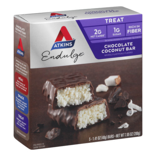 Enjoy Atkins™ Chocolate Coconut Bars. Each sweet Endulge Chocolate Coconut Bar is packed with chocolatey flavor. These mouth-watering, low sugar* bars combine the decadent tastes of chocolate and coconut in an indulgent dessert. They’re a great way to satisfy your sweet tooth with an after meal treat. Atkins Chocolate Coconut Bars are high in fiber* and have 2g of net carbs and 1g of sugar per serving*.