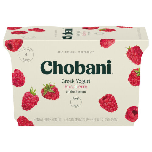 Chobani Yogurt, Greek, Nonfat, Raspberry on the Bottom, 4 Value Pack