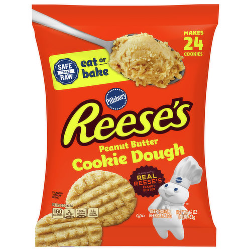 Reese’s Peanut Butter Cookie Dough puts world-class comfort food within easy reach. These peanut butter cookies are made with real Reese's peanut butter and ready in minutes, simply peel, place and bake. There's no mixing, no slicing, no measuring. Just the homestyle goodness you’ve come to know and love from Pillsbury. Serve Pillsbury Reese's Peanut Butter Cookies warm from the oven, or make your favorite peanut butter dessert bars. You can even eat the refrigerated cookie dough uncooked. (It’s 100% safe!) Ready to bake peanut butter cookies are great for packed lunches, school events, family game nights or everyday snacks. Pair with cold milk and dare to dunk!