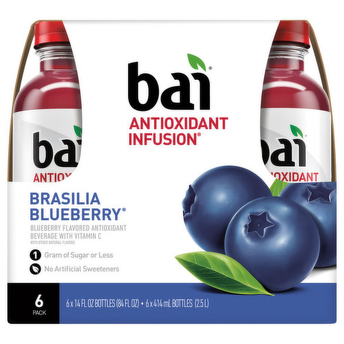 Bai Antioxidant Beverage, Brasilia Blueberry, 6 Pack