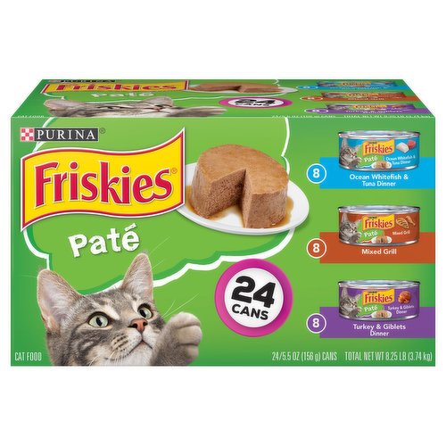 Pate Ocean Whitefish & Tuna Dinner Calorie Content (calculated)(ME): 1163 kcal/kg; 181 kcal/can. Friskies Pate Ocean Whitefish & Tuna Dinner is formulated to meet the nutritional levels established by the AAFCO Cat Food Nutrient Profiles for growth of kittens and maintenance of adult cats. Pate Mixed Grill Calorie Content (calculated)(ME): 1167 kcal/kg; 182 kcal/can. Friskies Pate Mixed Grill is formulated to meet the nutritional levels established by the AAFCO Cat Food Nutrient Profiles for maintenance of adult cats. Pate Turkey & Giblets Dinner Calorie Content (calculated)(ME): 1159 kcal/kg; 181 kcal/can. Friskies Pate Turkey & Giblets Dinner is formulated to meet the nutritional levels established by the AAFCO Cat Food Nutrient Profiles for growth of kittens and maintenance of adult cats. 8 - Ocean whitefish & tuna dinner. 8 - Mixed grill. 8 - Turkey & giblets dinner. Includes all essential nutrients that support the maintenance of adult cats. Protein: Strong, lean muscles supported by high-quality protein. Taurine: Helps support clear, healthy vision. Purina.com. how2recycle.info. Printed in USA.