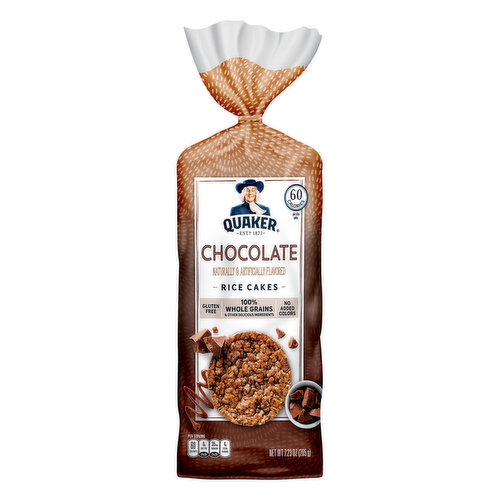 Made with brown rice. Naturally & artificially flavored. Per Serving: 60 calories; 0 g sat fat (0% DV); 35 mg sodium (2% DV); 4 g total sugars. 60 calories per rice cake. Gluten free. 100% whole grains & other delicious ingredients. Whole Grain 10 g or more per serving. WholeGrainsCouncil.org. Eat 48 g or more of whole grains daily. 10 g whole grains per cake. No added colors. Low cholesterol. Estd. 1877.  QuakerOats.com. WholeGrainsCouncil.org. SmartLabel. Scan for more food information. 1-800-856-5781 call for more food information. Visit us at QuakerOats.com. We're here to help. Quakeroats.com or 800.856.5781. Please have package available when calling.