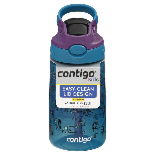 414 ml. Easy-clean lid design. As simple as 123! Style: Autospout Cleanable. www.GoContigo.com. BPA free. Made in China.