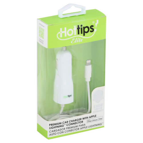 Made for iPod; iPhone; iPad. Speed & safety certified. $3000 (Hottips will repair or replace electrical devices damaged by electrical charge while properly connected to this charger up to $3000. Scan QR code to see directions inside for details) limited warranty. Hottipsusa.com. Scan QR code for more info. Features: car plug; Apple Lightning connector; 2.1 AMP high output. Lifetime limited warranty inside or scan QR code. Made in China.