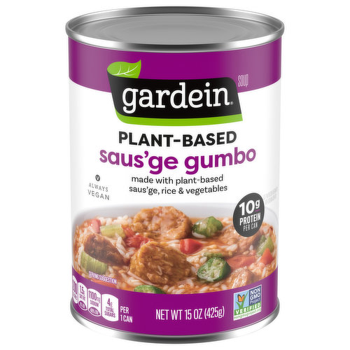 Plant-based saus'ge. No artificial preservatives, flavors or dyes (Colored with caramel color). Plant your spoon right here. Southern-style comfort for the win! Indulge your senses in this satisfying saus'ge Gumbo with thick slices of seasoned plant-based saus'ge, white rice, celery, okra, red bell peppers and Cajun spices. It's a carnival of flavor in every bite and slurp. Because where there's protein rooted in plants, there's Gardein.
