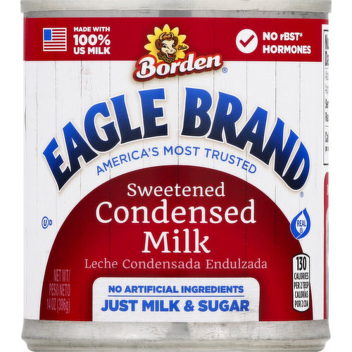 130 calories per 2 tbsp. Gluten free. America's most trusted. Real. Made with 100% US milk. No rbST (No significant difference has been shown between milk from rBST treated cows and non-rBST treated cows) hormones. No artificial ingredients. Just milk & sugar. eaglebrand.com. Questions or comments? 1-888-229-4541 weekdays 9 am-7 pm (EST). Please include code date with all inquiries.