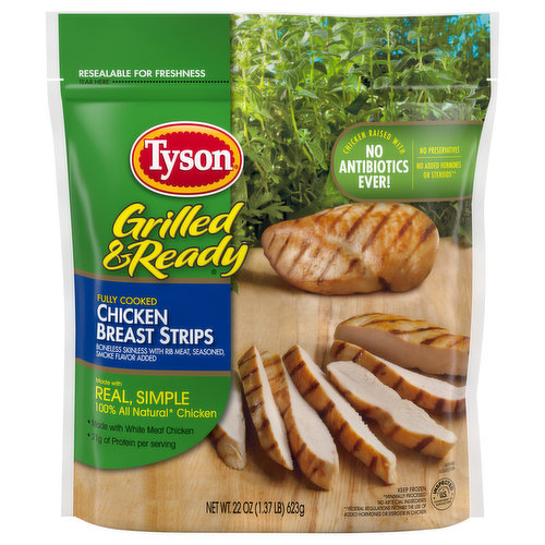 Made with chicken raised with no antibiotics ever, Tyson Grilled and Ready Fully Cooked Grilled Chicken Breast Strips are a delicious addition to any meal. Tyson frozen chicken strips are made with 100% all natural chicken that is minimally processed and has no artificial ingredients. With 21 grams of protein per serving, this fully cooked chicken is juicy, flavorful and 97% fat free.