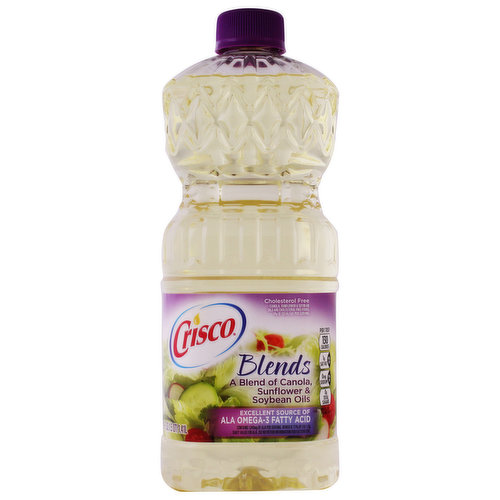 A blend of canola sunflower & soybean oils. 14 g of total fat per serving. Per 1 tbsp: 130 calories; 1 g sat fat (6% DV); 0 mg sodium (0% DV); 0 g total sugars. Gluten free. Cholesterol free. Canola, sunflower & soybean oils are cholesterol free foods. Not a low calorie food. Excellent source of ALA omega-3 fatty acid. Contains 1240 mg of ALA per serving, which is 77% of the 1.6 g daily value for ALA. See nutrition information for fat content. Crisco Blends is great for all purpose cooking. Ideal uses include: sauteing; pan-frying; baking. crisco.com. Questions? Comments? 1-800-766-7309.